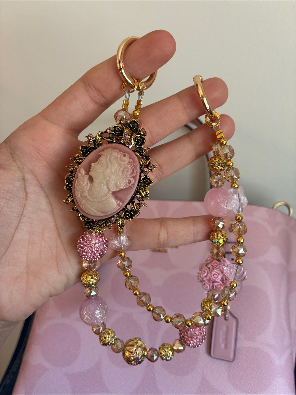 Vintage Inspired Pink Cameo Charm Beaded Bag Chain - Picture 2 of 2